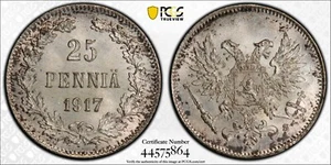 1917 S Finland Silver 25 Pennia Without Crown PCGS MS67 Lustrous Jewel 2295 - Picture 1 of 5