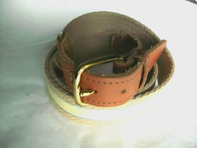 Cinturón Mujer Talla XL 32 34 Lona Cinturón Tostado Amarillo Azul Rayas Marrón Cuero Extremos Foto 1 de 4