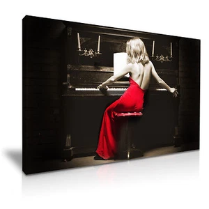 Quadro Sexy Lady Pianoforte Rosso Vestito Tela Wall Art Stampa 76cmx50cm - Foto 1 di 1