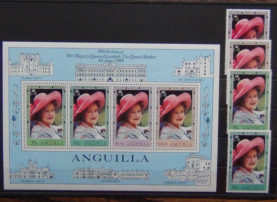 Anguilla 1980 Queen Mother set & Miniature sheet MNH - Image 1 of 1