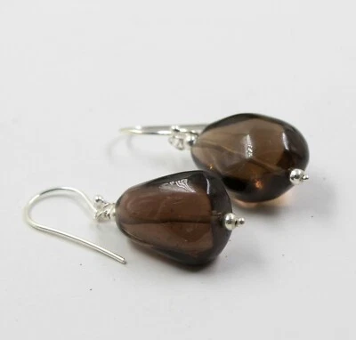 Orecchini pendenti a goccia in argento sterling 925 massiccio con quarzo fumé... - Immagine 1 di 3