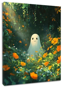 Orange Floral Cute Halloween Ghost Abstract Wall Art for Bathroom Living Room - Picture 1 of 15