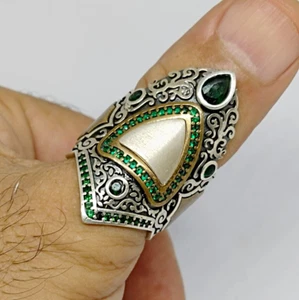 Rare Victorian 925 Sterling Silver Marked Handmade Designer Unisex Ring Emerald - Picture 1 of 11