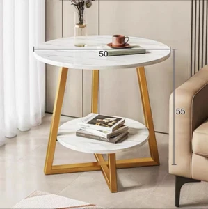 Round Side Table 2-Tier White Coffee Sofa Bedside Nightstand Marble Pattern - Picture 1 of 5
