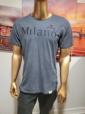 Camiseta de algodón Milano Italia azul con logotipo cosido talla L para hombre #WM1 Foto 1 de 4