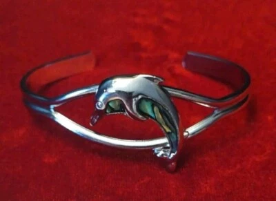 Silver Toned Bracelet Abalone Dolphin Cuff Vacation Estate Gift (872) - Image 1 of 4
