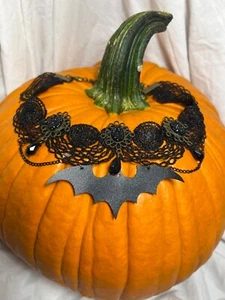 Gothic Rockabilly Bat Cameo Pendant Lace Choker Necklace Black HALLOWEEN COSTUME - Picture 1 of 12