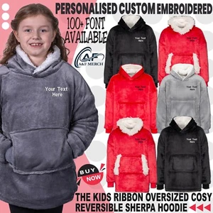 Personalised Embroidered Kids Reversible Sherpa Hood Oversized Fleece Warm - Picture 1 of 6