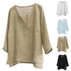 Summer Mens Casual Cotton Linen V Neck T Shirt Long Sleeve Blouse Loose Tee To ❥ - Picture 1 of 13