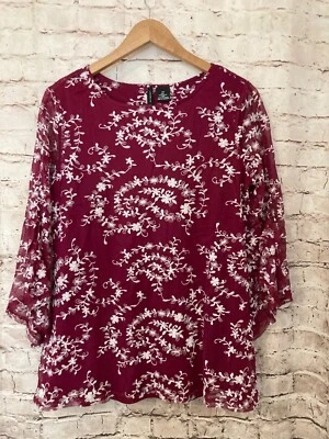 New Directions Top Women Medium Pink Mesh Floral Embroidered Bell Sleeve Stretch - Image 1 of 4