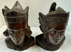 Set of 2 Vintage Hand Carved Wooden Bali Balinese Indonesian Bust Head Sculpture - Picture 1 of 6