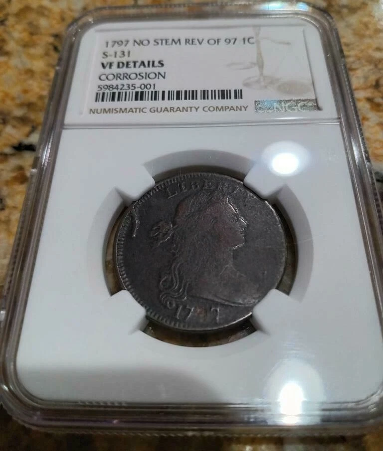 1797 Draped Bust Large Cent, no stems, reverse of '97, S-131, NGC VF details - Image 1 of 4