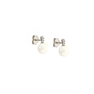 Boucles D'Oreilles or Blanc 18 KT 750/1000 avec Zircon Blanc Et Perlen - Picture 1 of 1