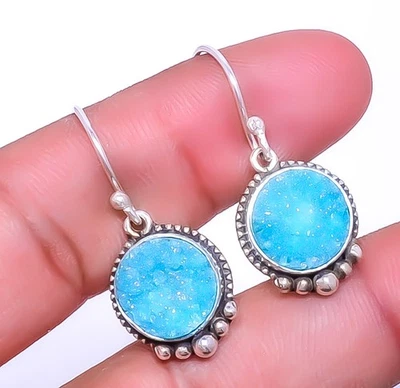 Aqua Blue Quartz Drusy Gemstone 925 Sterling Silver Bali Earring 1.25" A319 - Image 1 of 4