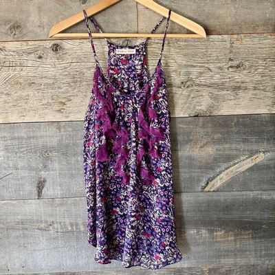 Rebecca Taylor Floral Silk Ruffle Tank Cami 10 Purple Floral Racerback Feminine - Image 1 of 4