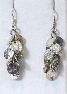 Vintage Sterling Silver Hammered Discs Cluster Dangle Drop Earrings 2-1/4" - Picture 1 of 8