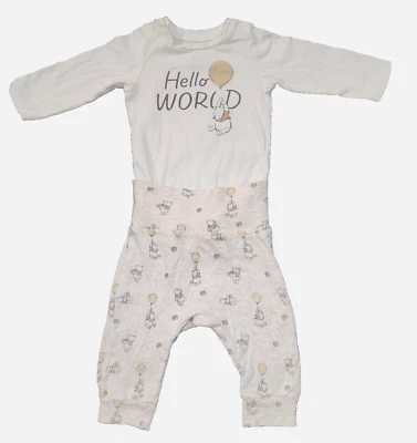 H&M Disney 2 Pc Set Winnie The Pooh "Hello World" Long Sleeves Oncie & Pants 3M - Image 1 of 4