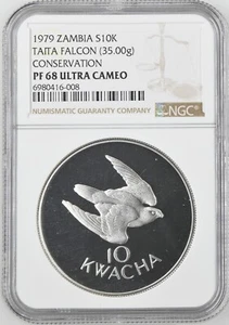 1979 Zambia 10 Kwacha Silver Proof Coin Wildlife WWF Taita Falcon - NGC PF 68 UC - Picture 1 of 2