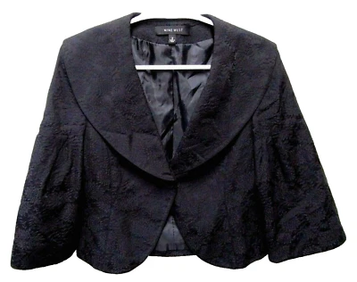 Jaqueta bolero NINE WEST tamanho 2 mistura de seda preta floral jacquard gola 3/4 SL - Imagem 1 de 3