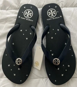 NWT Tory Burch Stargazer Navy Blue Star Logo Flip Flops Sandals 9 Authentic - Picture 1 of 4