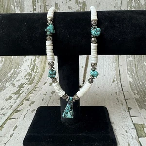 Vintage Native American Necklace White Shell Blue Turquoise Silver Beads 21 in - Picture 1 of 7
