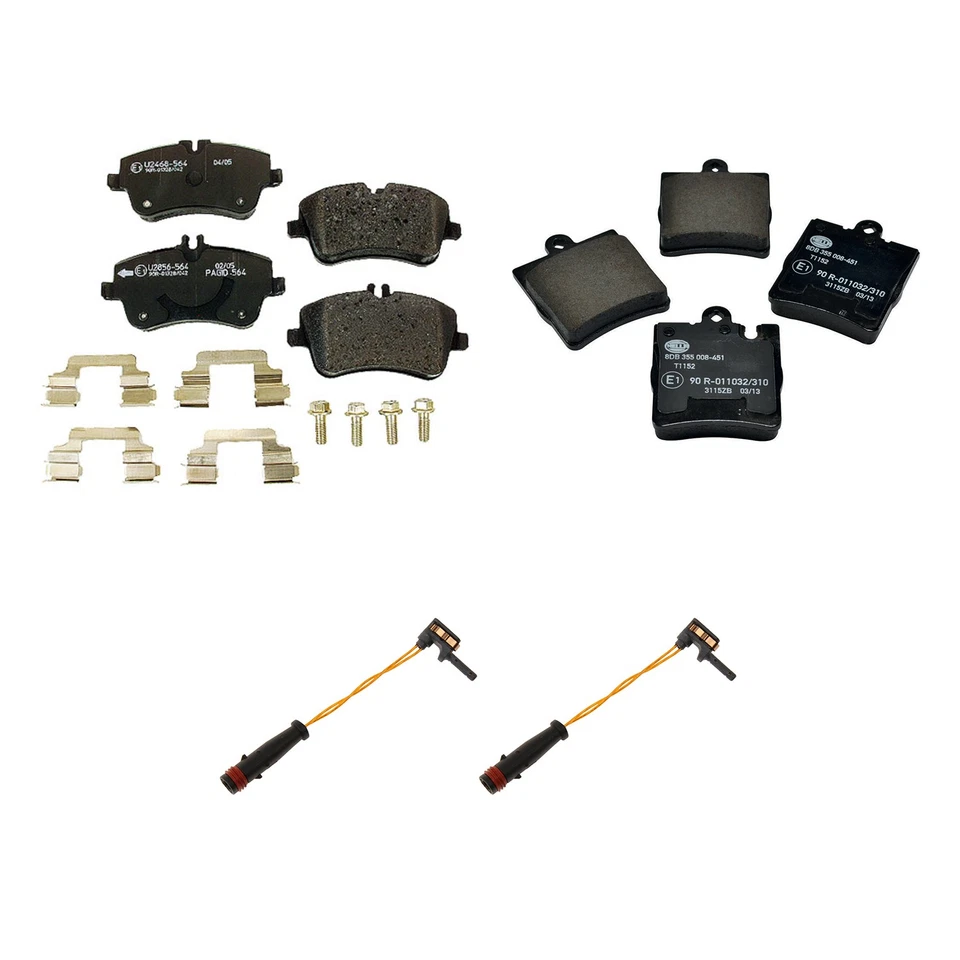 Pastilla de freno de disco delantera trasera baja en metal Hella con kit de sensores para C203 C320 C209 CLK350 Foto 1 de 1