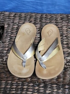 Olukai KaeKae Metallic Silver Gold Leather Double Strap FlipFlop Thong Sandal 7 - Picture 1 of 10