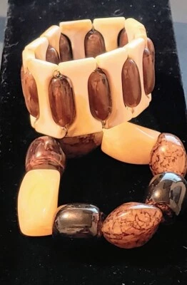 Lote de 2 Brazaletes Grandes Gruesos Elastizados Marrón Crema Tono Tierra Foto 1 de 2