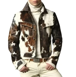 Chaqueta de cuero de vaca occidental para hombre pelo piel de pony abrigo de camionero de piel real - Imagen 1 de 3
