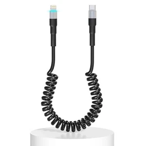 Coiled USB-C to 8 pin Cable, Carplay Data Transmission Sync Retractable iPhone - Picture 1 of 7