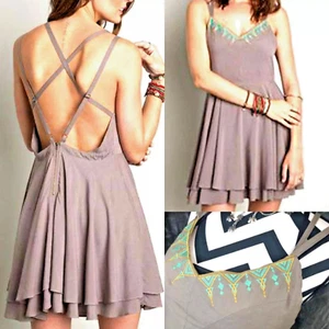 Umgee Dress Size L Solid Mocha Brown Embroidered Mint Whimsygoth Womens New - Picture 1 of 4