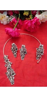 Ethnic Bollywood Style Design Silver Oxidized Choker Necklace Indian Jewelry Set - Изображение 1 из 2