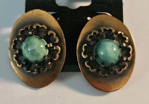 1950s  Modernist Copper w Green Stone Cabochons Clip Earrings Unique - Picture 1 of 4