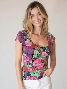 Natural Life Tee Top Womens L Devon Floral ButterSoft Short Sleeve Pink Garden - Picture 1 of 14