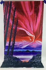 Aurora Borealis Fabric Panel Pink Purple Red Sky Mountains Trees Sea 24" x 44" - Picture 1 of 6