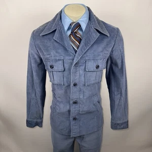 Vtg 60s 70s Leisure Suit Corduroy Mens 44 Jacket Coat 33 27 Pants Disco Mod Blue - Afbeelding 1 van 22