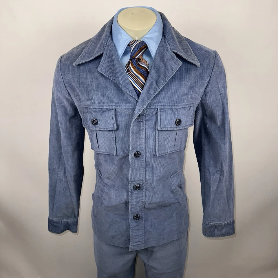 Vtg 60s 70s Leisure Suit Corduroy Mens 44 Jacket Coat 33 27 Pants Disco Mod Blue - Image 1 of 4