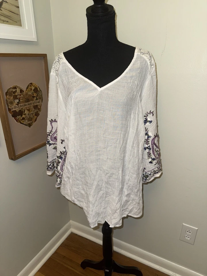 Top Anthropologie Higo y Flor Mujer Bordado Talla 3X Blanco Boho Gasa Foto 1 de 4