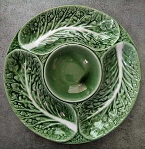 Vintage Secla Portugal Cabbageware Serving Bowl Dish Divided Green Leaf 10" EUC - Picture 1 of 8