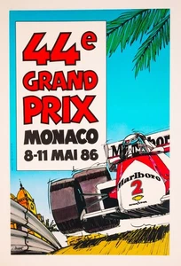 MONACO GRAND PRIX 1986 VINTAGE FRENCH RACE CAR POSTER ON LINEN EXCELLENT - Picture 1 of 3