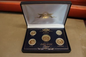 1999 24kt Gold Plated US Mint Proof 5 Coin Set Uncirculated In Display Box - Picture 1 of 4