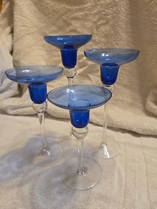 4 COBALT BLUE CANDLEHOLDERS w/CLEAR STEMS By ELEMENTS All different heights  - Picture 1 of 14