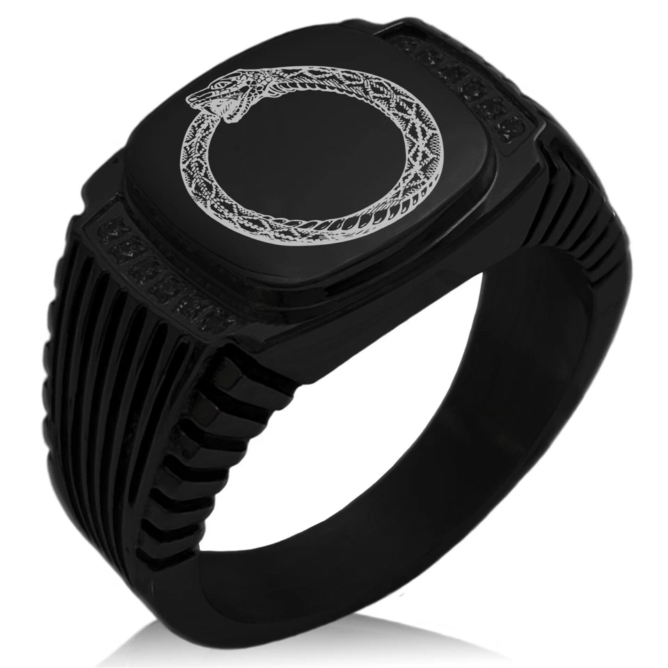 Anillo de sello de motociclista circonita cúbica a rayas aguja Ourobos mitología griega de acero inoxidable Foto 1 de 1