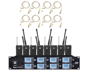 8 Channel UHF Wireless Microphone System 8 Lavalier Mics Rack Mount Receiver - Picture 1 of 3