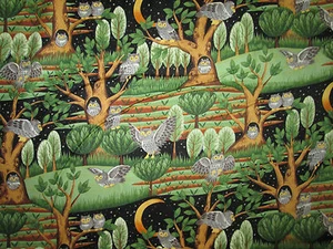 OWLS NATURAL SETTING CHARACTER OWL HOOT TREES GREEN BLACK COTTON FABRIC FQ OOP - Picture 1 of 7