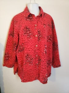 Sag Harbor Woman Blouse Plus Size 20W Bust 50" Red Floral Button-Up Long Sleeve - Picture 1 of 5