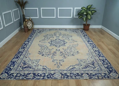 Vintage Turkish Rug, Yellow Blue Handmade Wool Rug, Carpet, 6.96x9.88 ft. H-2057 - Image 1 of 4