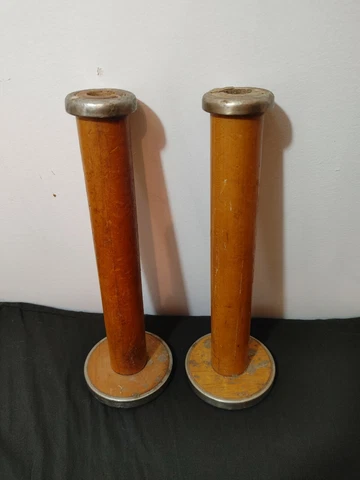 Pair Antique Industrial Silk Mill Wooden Thread Spindle Spool 12.25 inch Cover