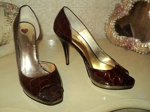 CROCO PATENT LEATHER EMBOSSED BROWN GOLD METAL OPEN TOE STILETTO*EU38*US7.5*UK5 - Picture 1 of 6