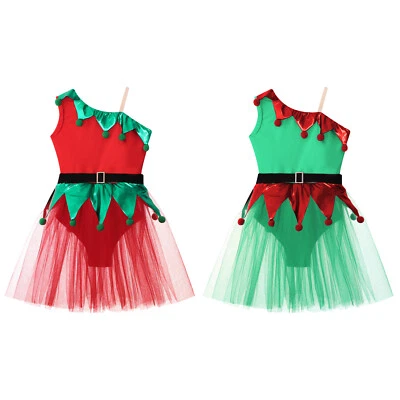 Niños Niñas Leotardo Fiesta Disfraz Vestido de Fiesta Pompones Con Cinturón Navidad Foto 1 de 4